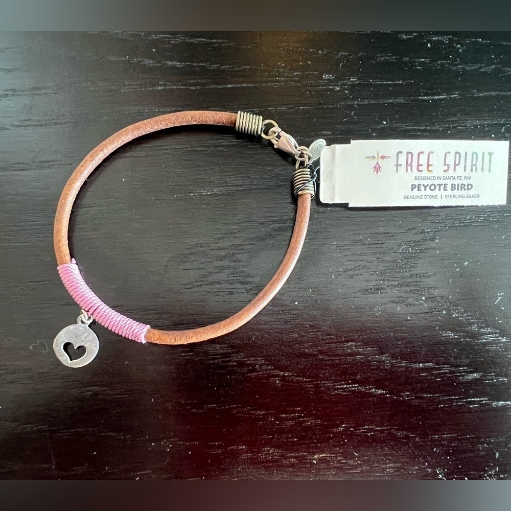 NWT Peyote Bird Silver Charm Brown and Pink Leather Bracelet with Heart Charm